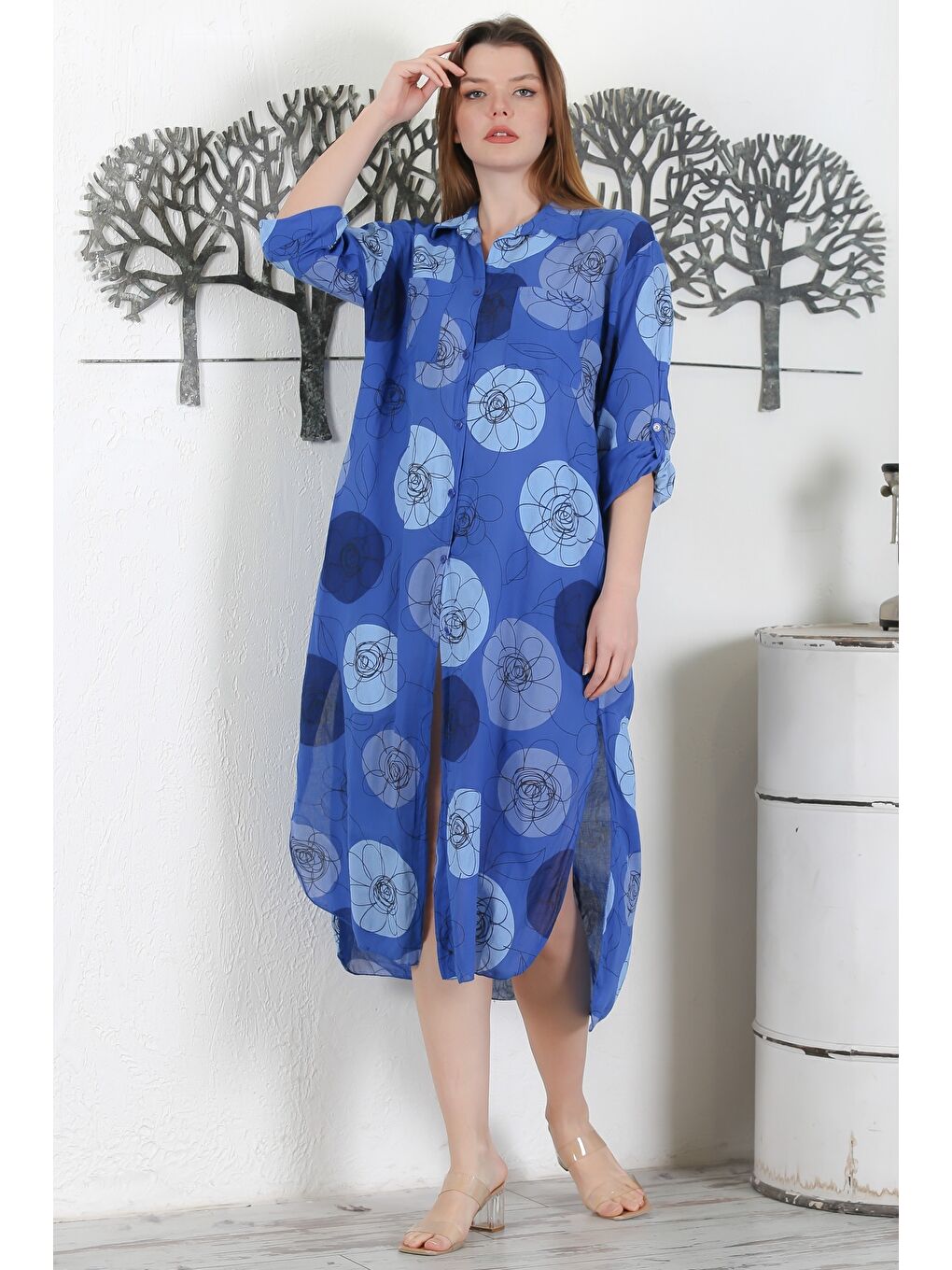 İtalyan Lacivert Düğmeli Uzun Kollu Çiçekli Çift Cepli Casual Dokuma Yazlık Elbise-3