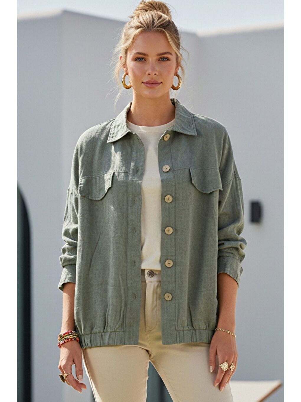 Haki Gömlek Yaka Manşetli Kollu Çift Kapaklı Cepli Casual Keten Görünümlü Dokuma Ceket 65 65-1