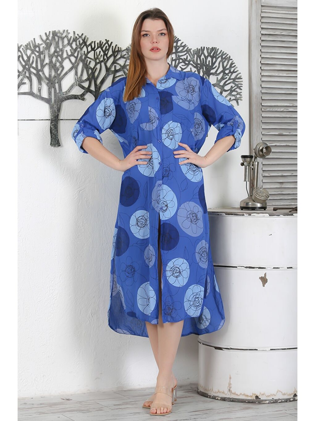 İtalyan Lacivert Düğmeli Uzun Kollu Çiçekli Çift Cepli Casual Dokuma Yazlık Elbise-6