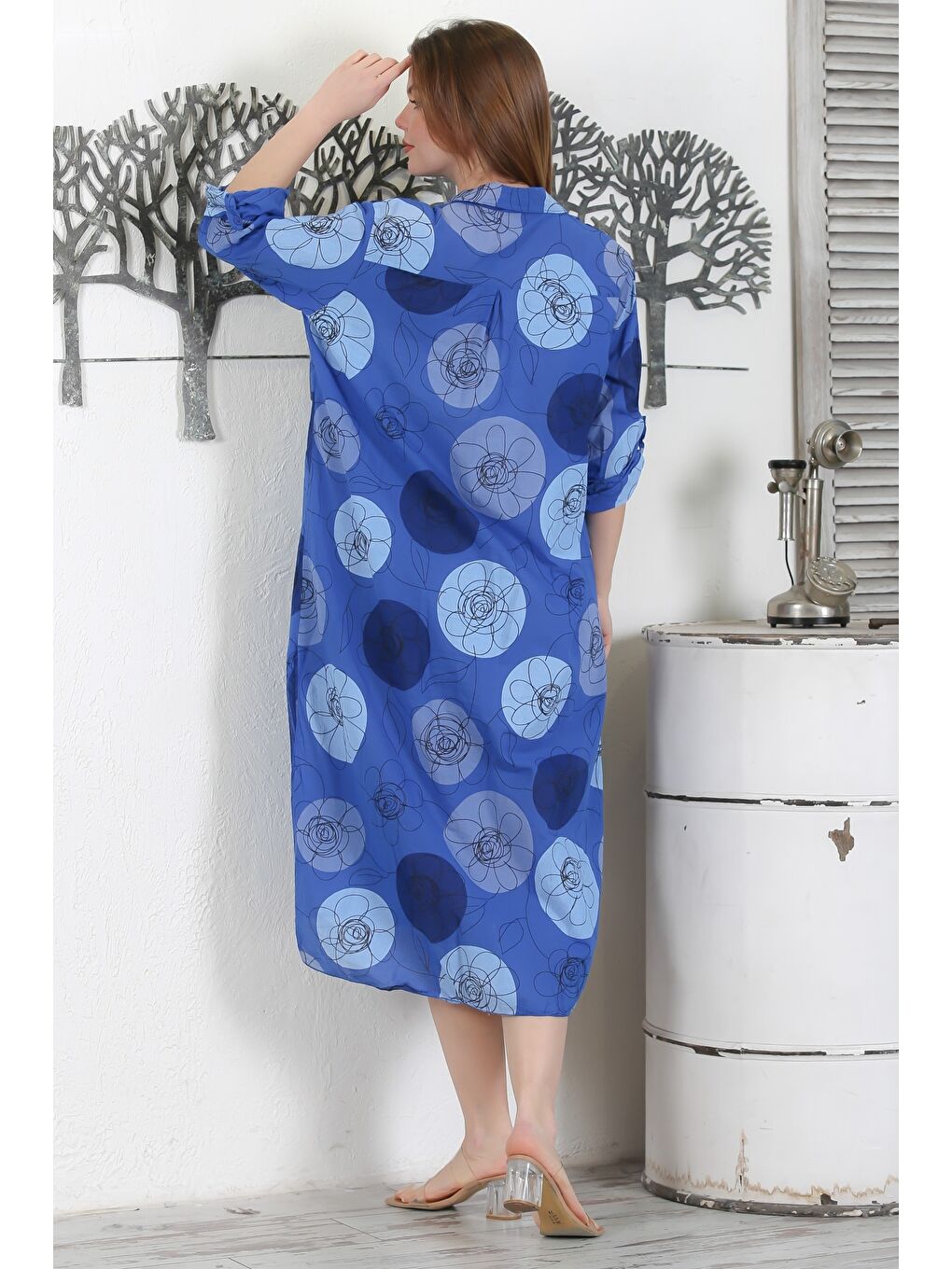 İtalyan Lacivert Düğmeli Uzun Kollu Çiçekli Çift Cepli Casual Dokuma Yazlık Elbise-7