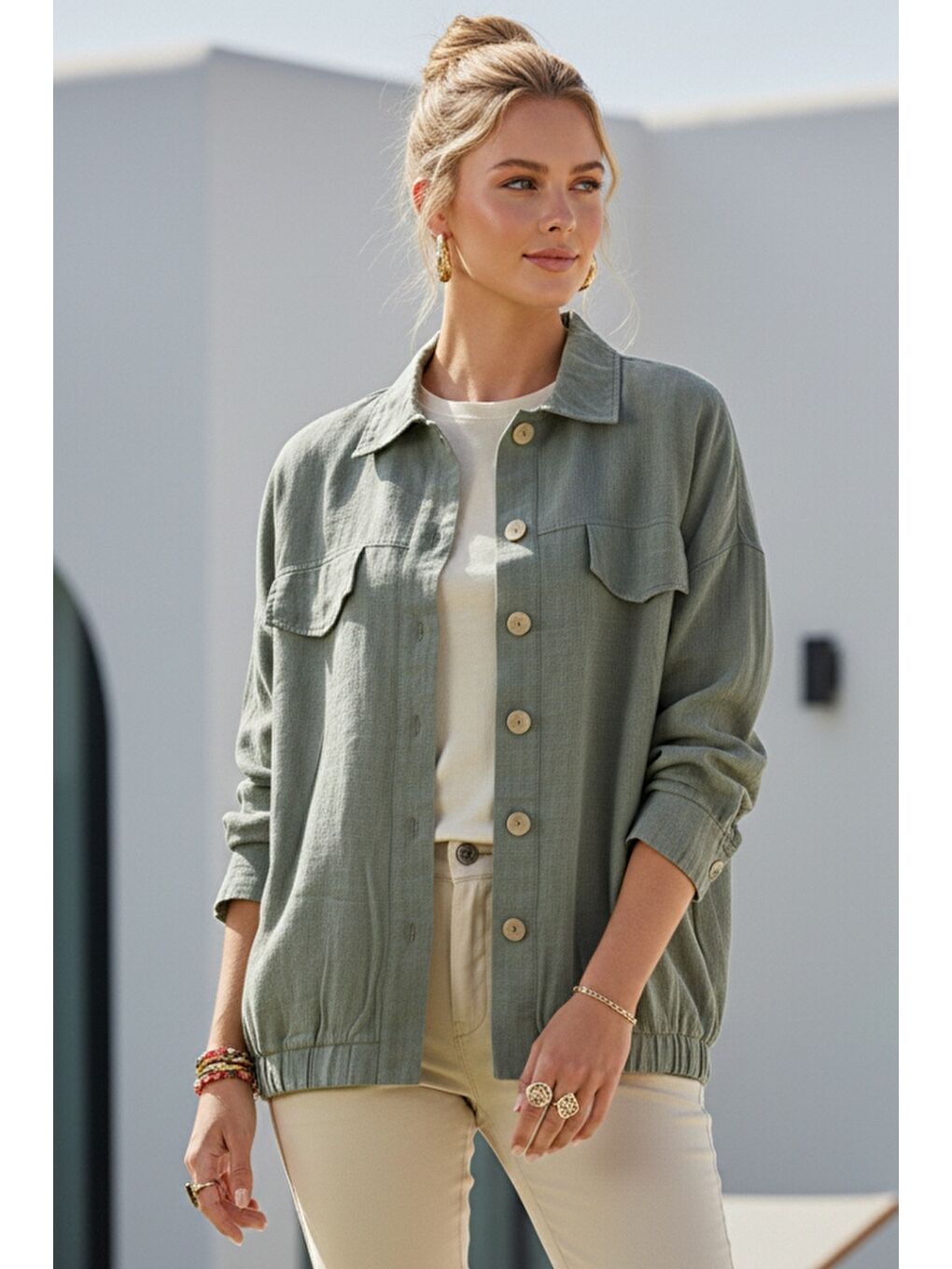 Haki Gömlek Yaka Manşetli Kollu Çift Kapaklı Cepli Casual Keten Görünümlü Dokuma Ceket 65 65-2