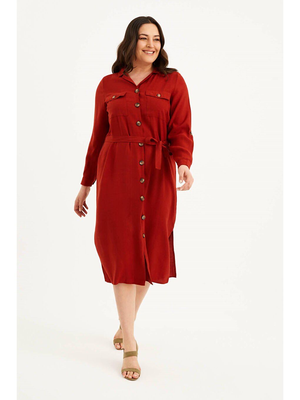 Kahverengi Cepli Kuşaklı Jakarlı Elbise