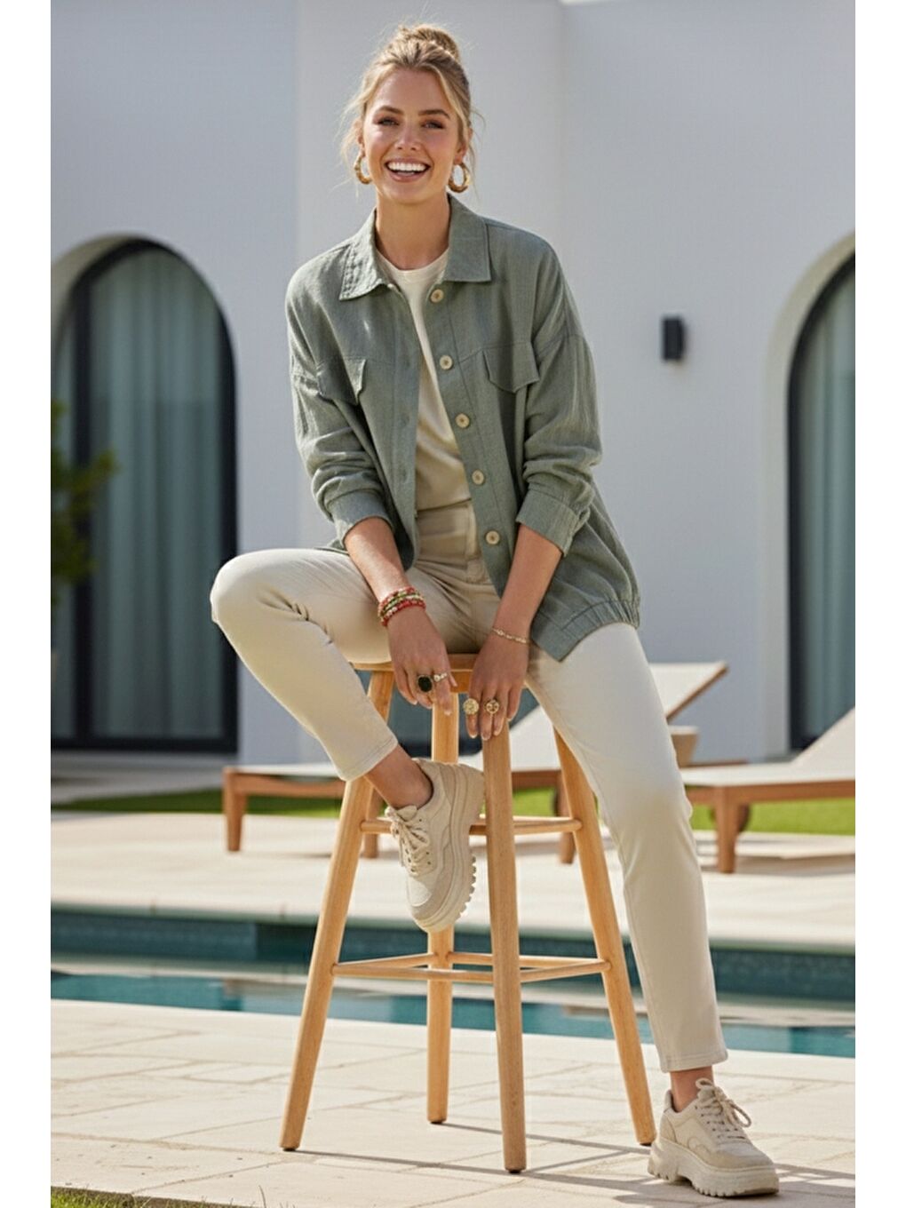 Haki Gömlek Yaka Manşetli Kollu Çift Kapaklı Cepli Casual Keten Görünümlü Dokuma Ceket 65 65-4