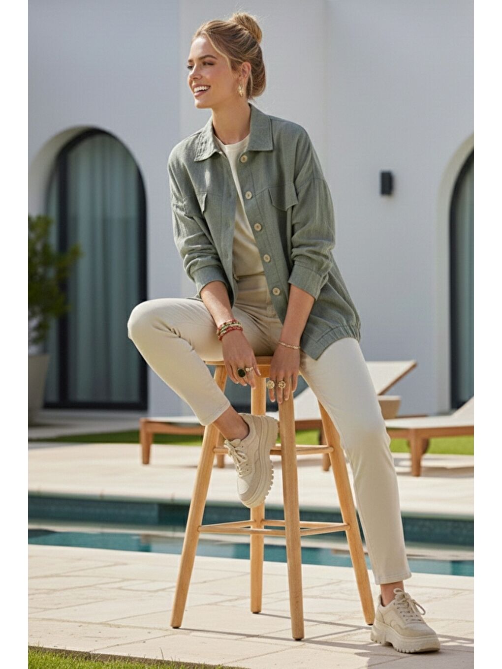 Haki Gömlek Yaka Manşetli Kollu Çift Kapaklı Cepli Casual Keten Görünümlü Dokuma Ceket 65 65-5