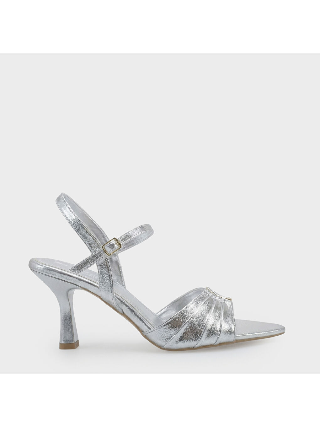 Gri Belvia Sivri Burunlu Metalik Bilekten Bantlı Orta Topuklu Kadın Ayakkabı-1