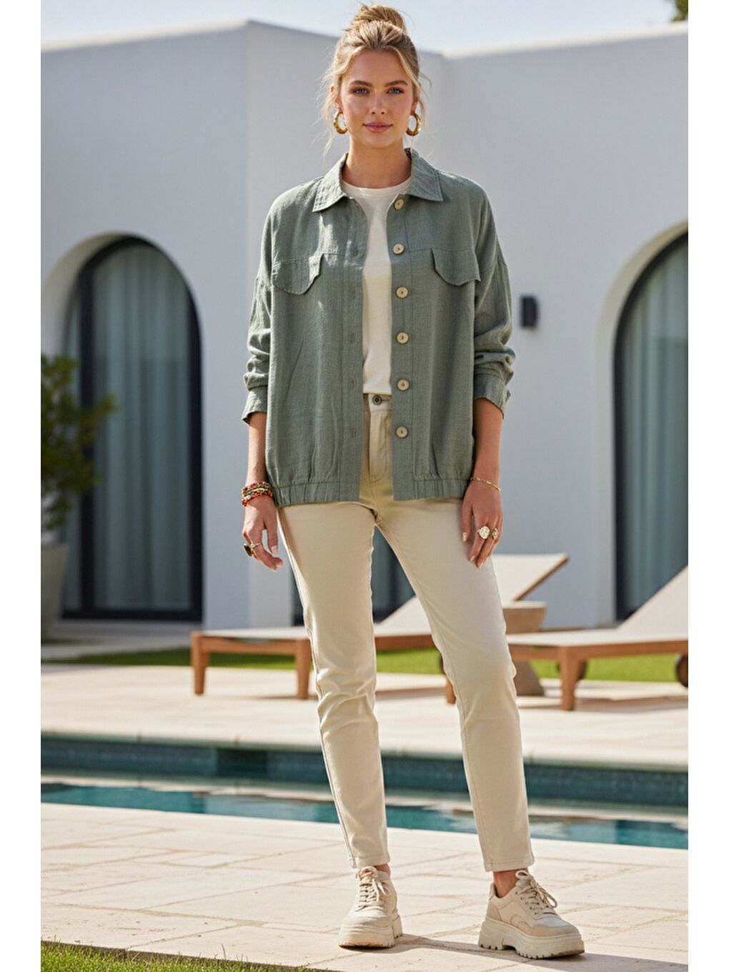 Haki Gömlek Yaka Manşetli Kollu Çift Kapaklı Cepli Casual Keten Görünümlü Dokuma Ceket 65 65-6