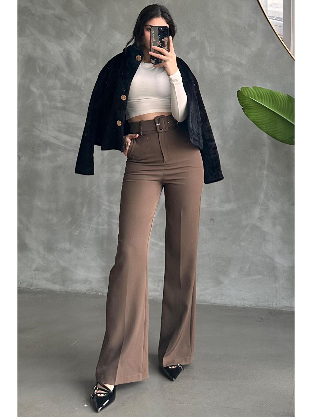 Kahverengi İspanyol Paça Kadın Kumaş Pantolon Mg2303-1