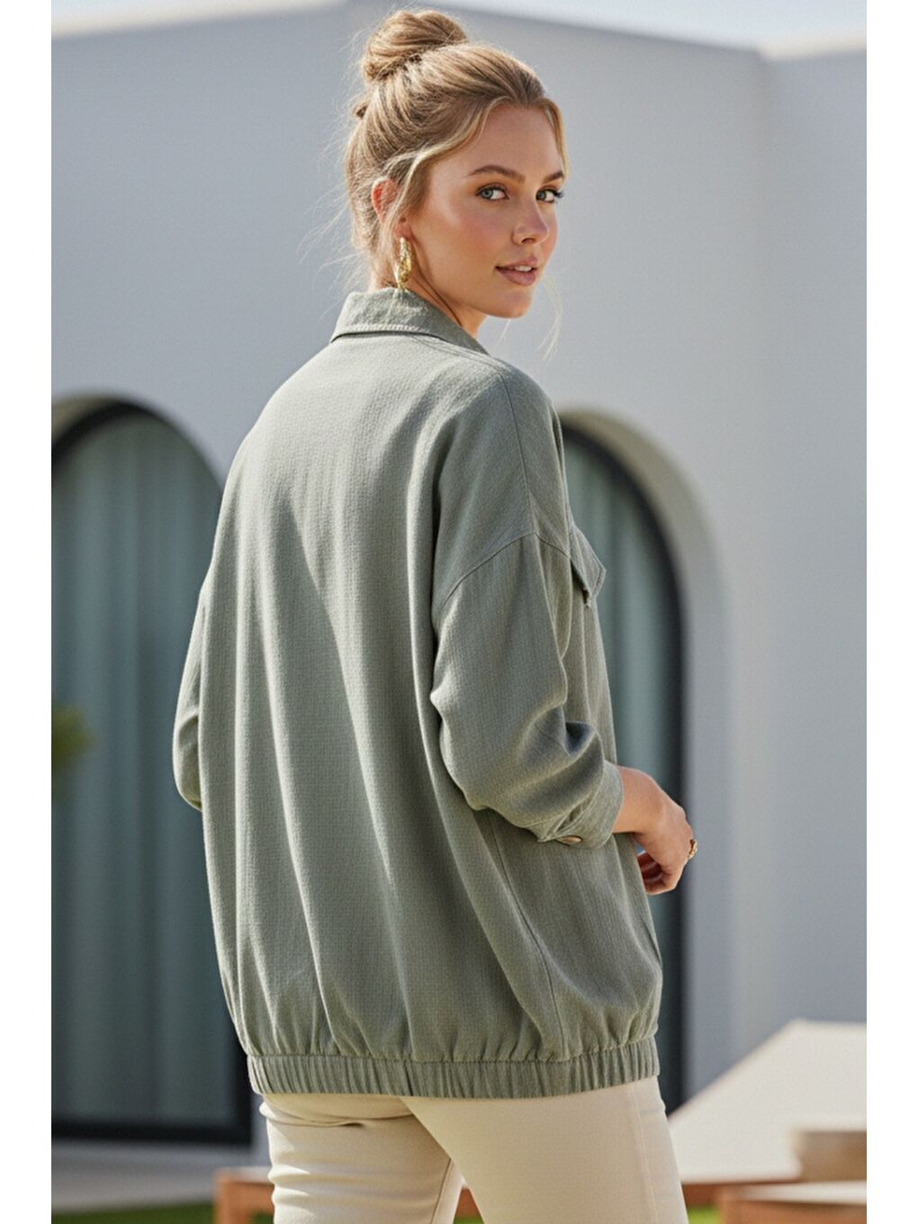 Haki Gömlek Yaka Manşetli Kollu Çift Kapaklı Cepli Casual Keten Görünümlü Dokuma Ceket 65 65-7