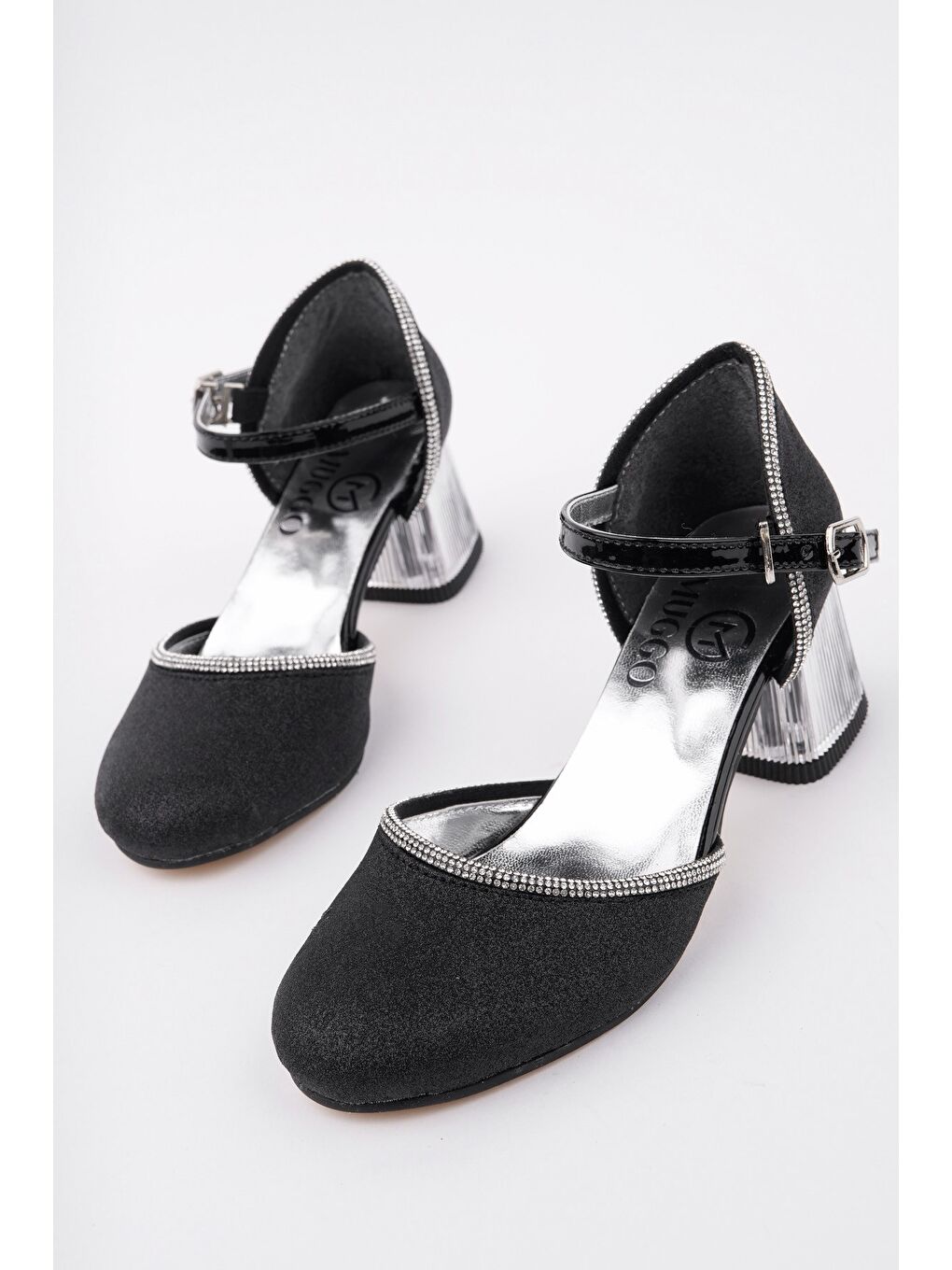 Siyah BLOSSOM Bilekten Bağlamalı Simli Işıklı Kız Çocuk Kısa Topuklu Ayakkabı-1
