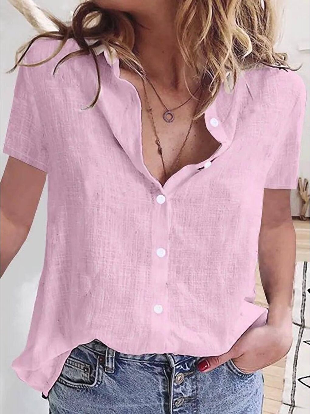 Pembe Kadın Kısa Kollu Basic Keten Gömlek