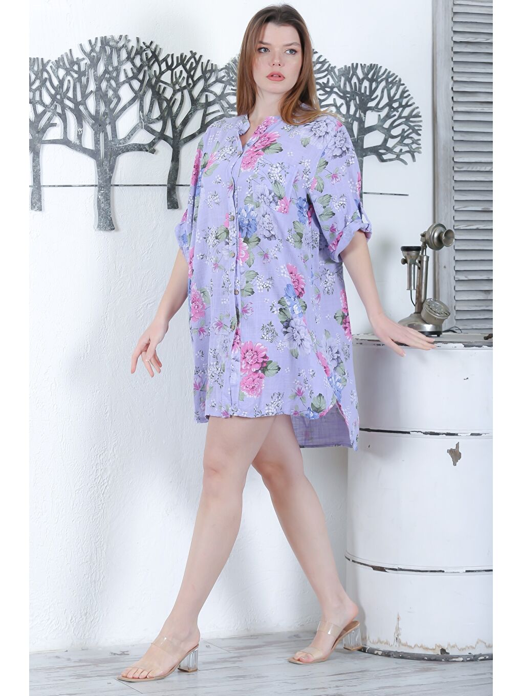 İtalyan Lila Düğmeli 3/4 Kol Çiçekli Cepli Casual Arkası Uzun Dokuma Yazlık Elbise 105 65