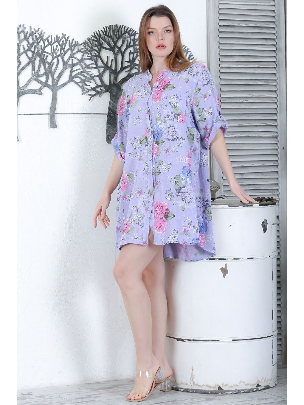 İtalyan Lila Düğmeli 3/4 Kol Çiçekli Cepli Casual Arkası Uzun Dokuma Yazlık Elbise 105 65-1