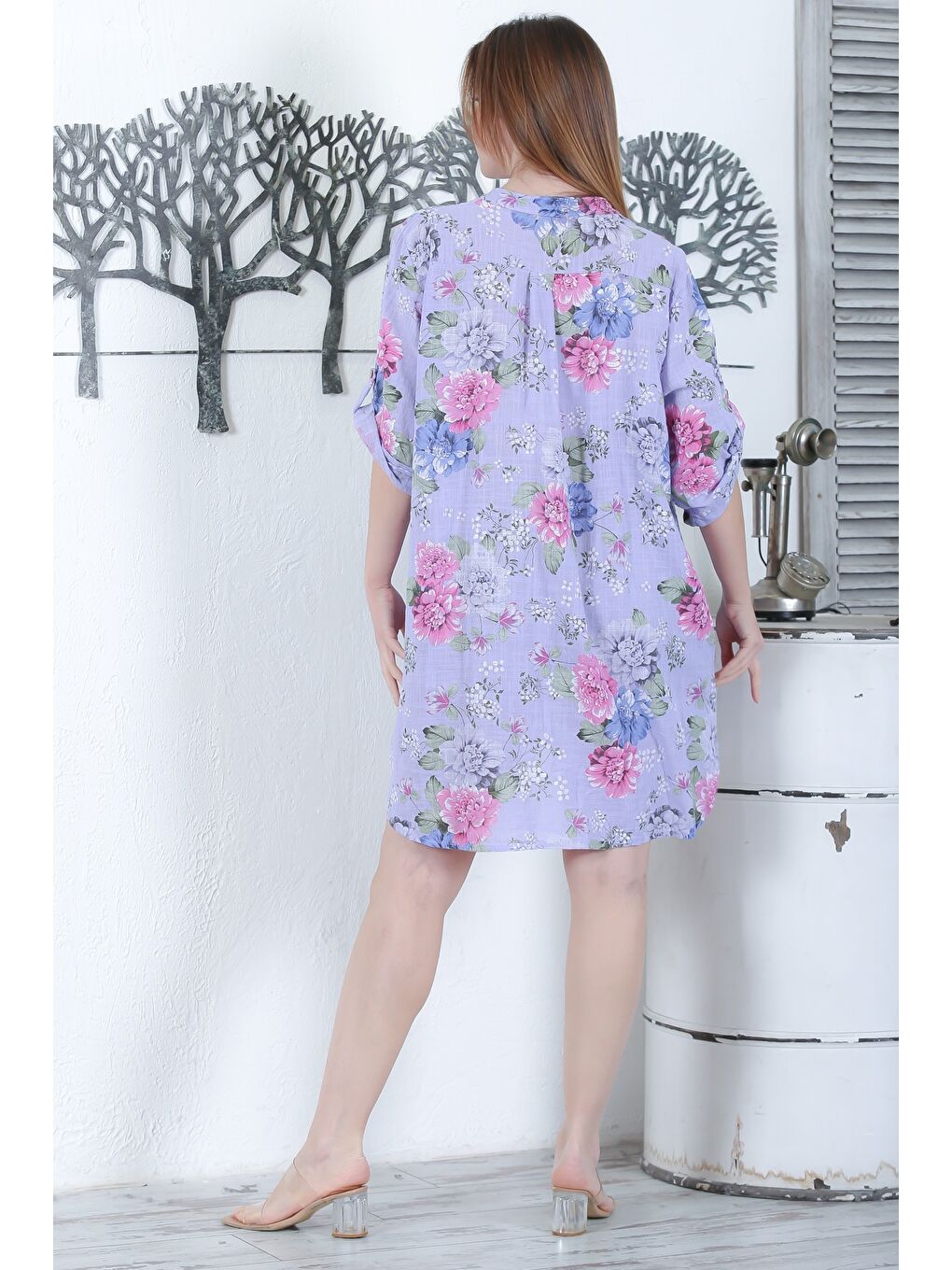 İtalyan Lila Düğmeli 3/4 Kol Çiçekli Cepli Casual Arkası Uzun Dokuma Yazlık Elbise 105 65-3