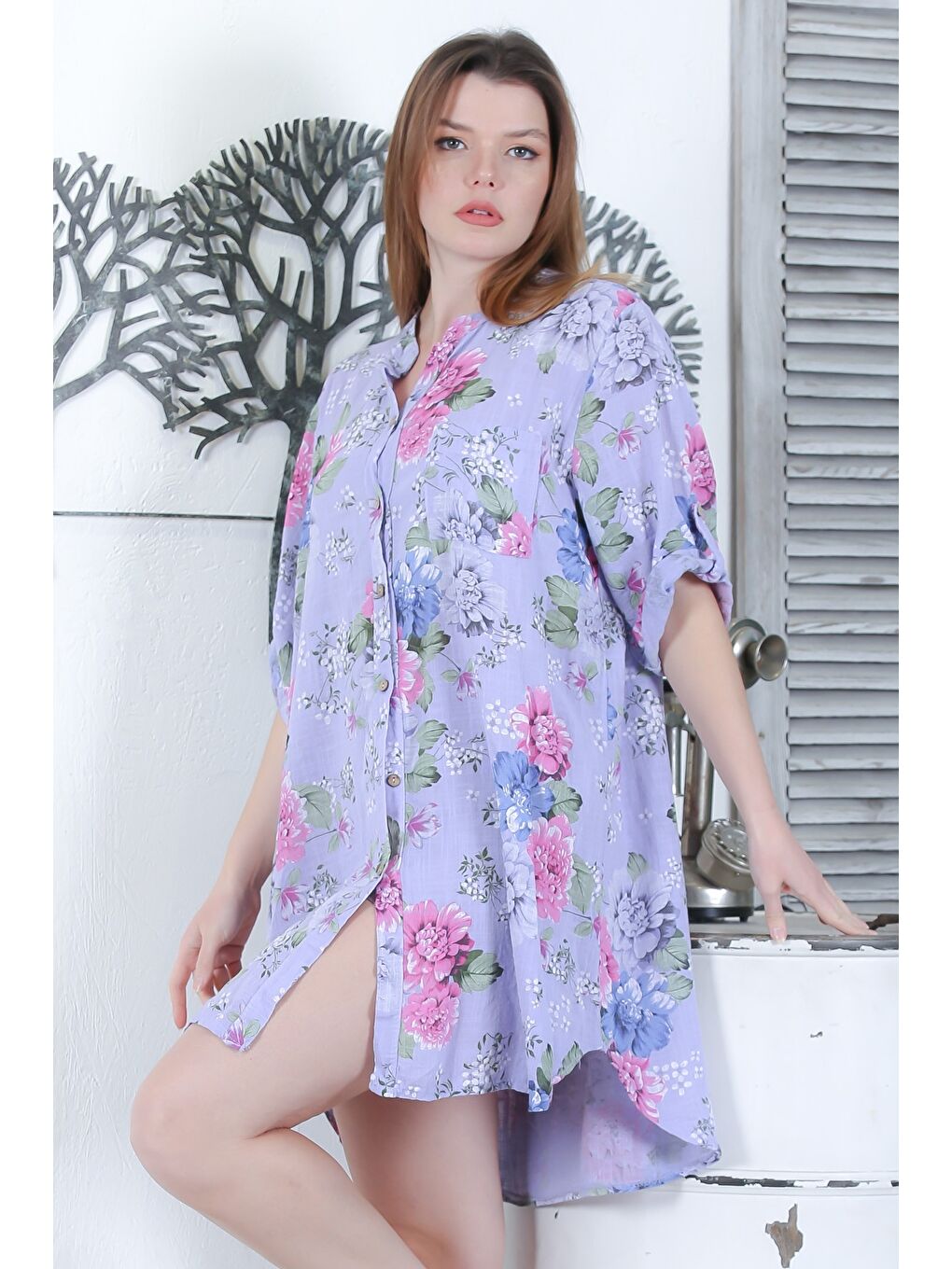 İtalyan Lila Düğmeli 3/4 Kol Çiçekli Cepli Casual Arkası Uzun Dokuma Yazlık Elbise 105 65-4