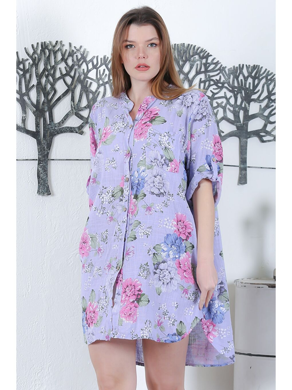 İtalyan Lila Düğmeli 3/4 Kol Çiçekli Cepli Casual Arkası Uzun Dokuma Yazlık Elbise 105 65-5