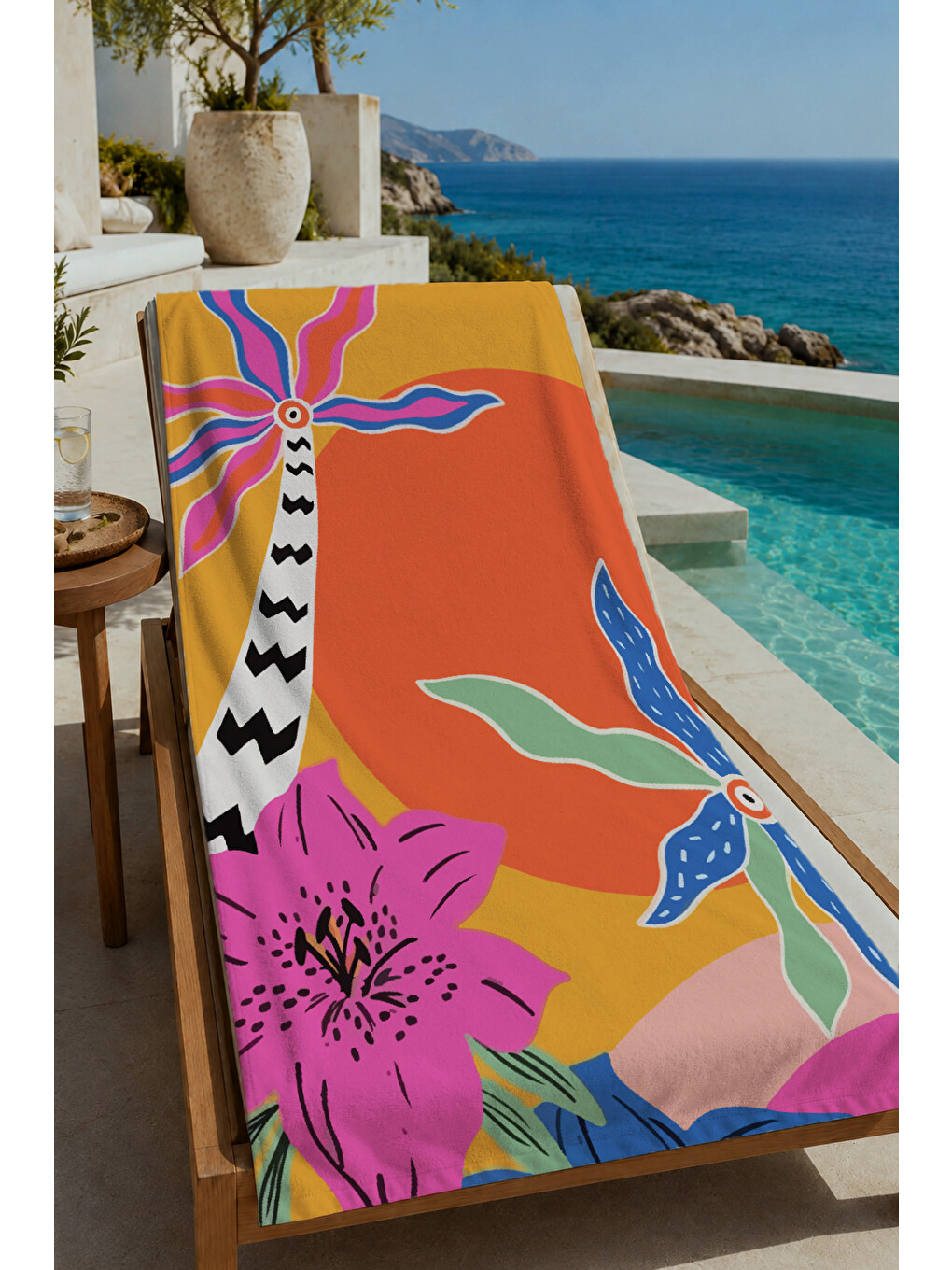 Turuncu Pembe Sarı Modern Tropikal Çiçek Ve Soyut 70x150 Cm Dijital Baskılı Plaj Ve Banyo Havlusu