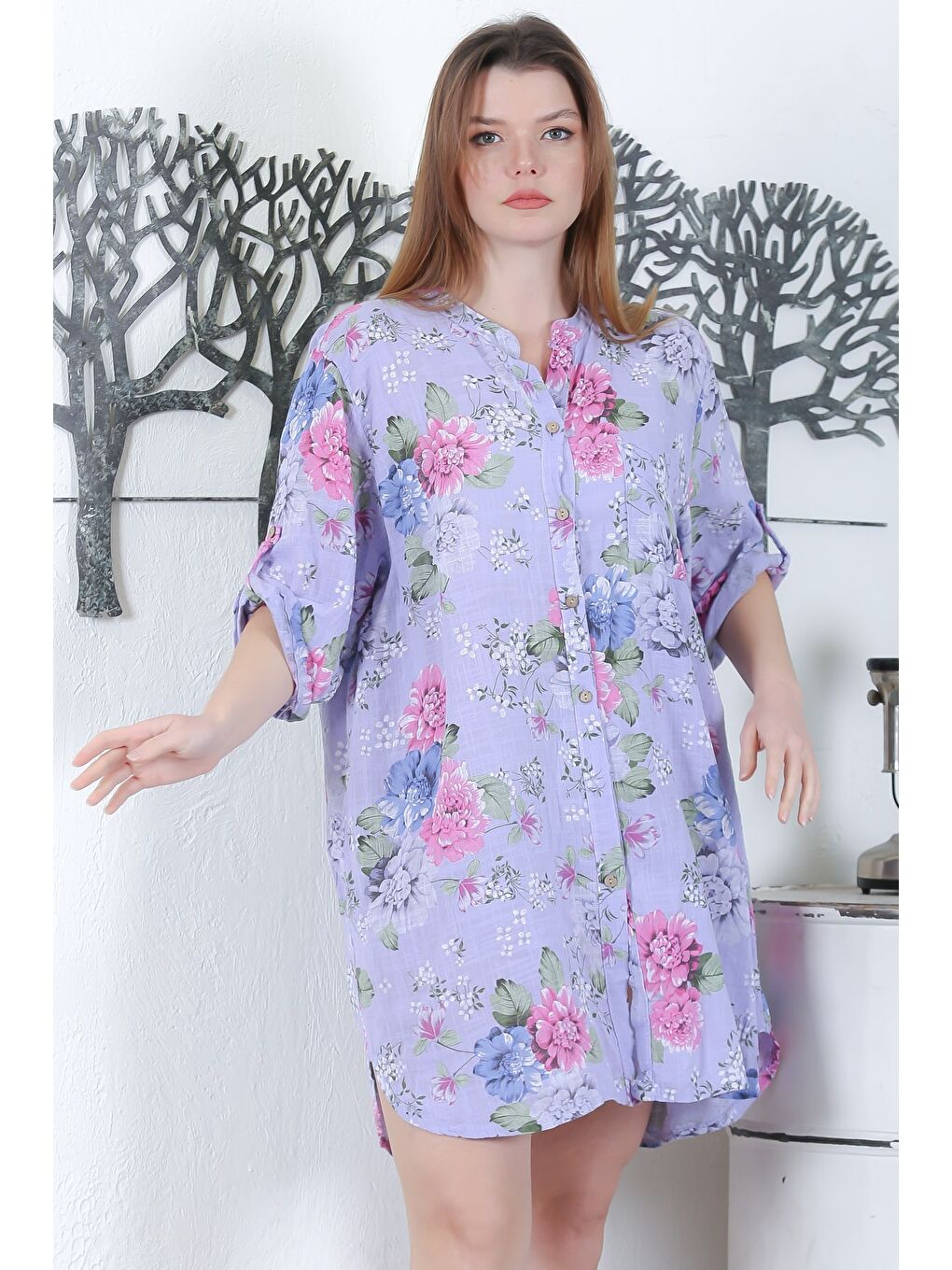 İtalyan Lila Düğmeli 3/4 Kol Çiçekli Cepli Casual Arkası Uzun Dokuma Yazlık Elbise 105 65-6