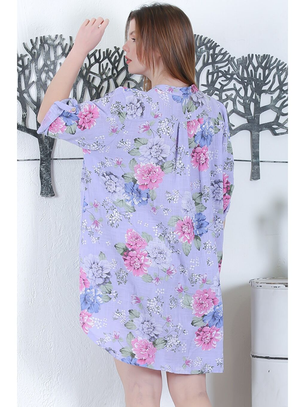 İtalyan Lila Düğmeli 3/4 Kol Çiçekli Cepli Casual Arkası Uzun Dokuma Yazlık Elbise 105 65-7