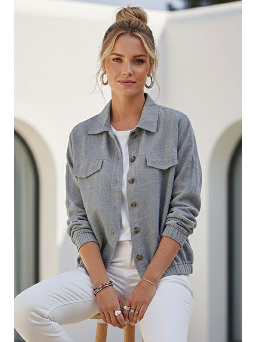 Gri Gömlek Yaka Manşetli Kollu Çift Kapaklı Cepli Casual Keten Görünümlü Dokuma Ceket 65 65-1