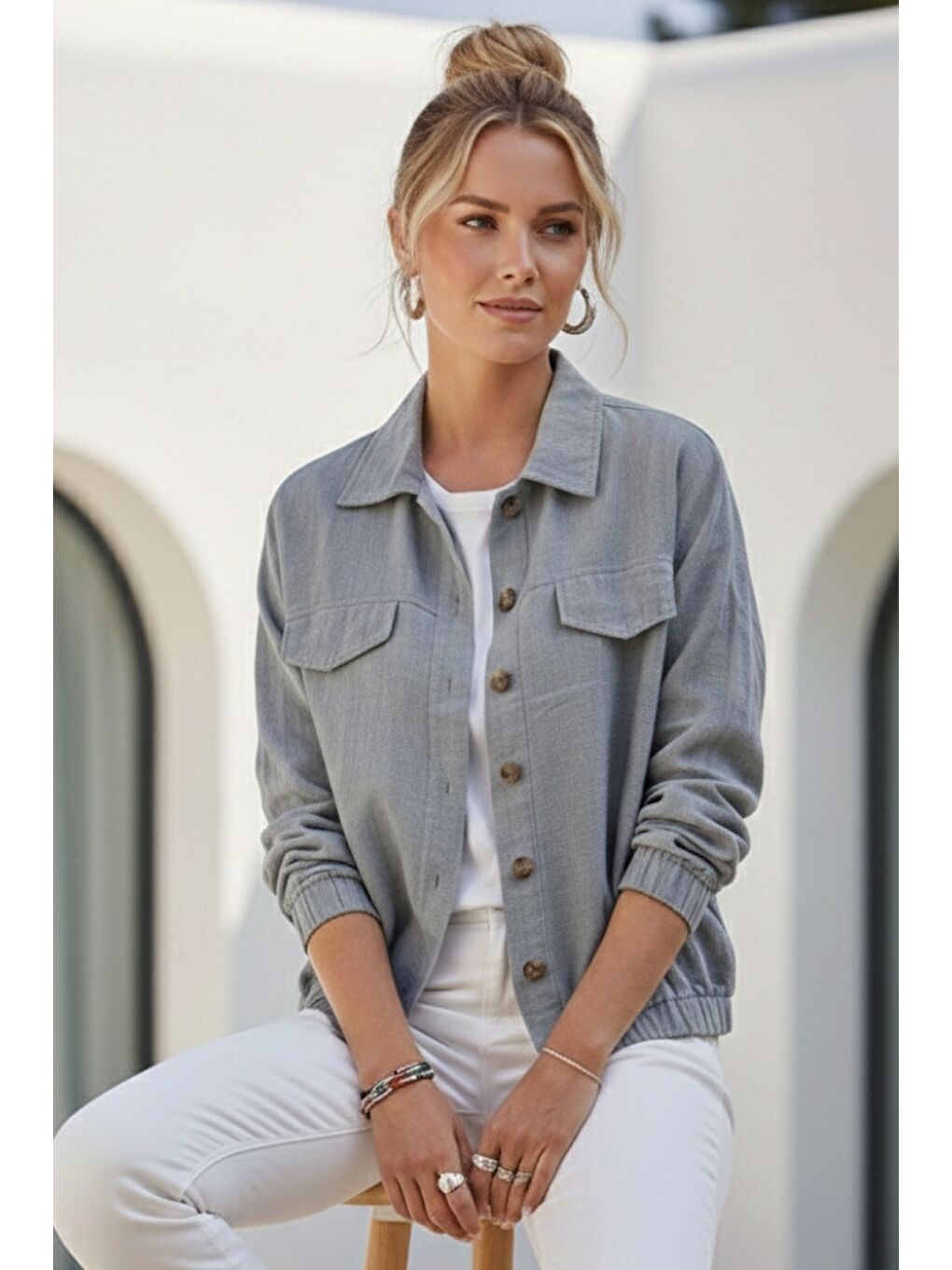 Gri Gömlek Yaka Manşetli Kollu Çift Kapaklı Cepli Casual Keten Görünümlü Dokuma Ceket 65 65-2