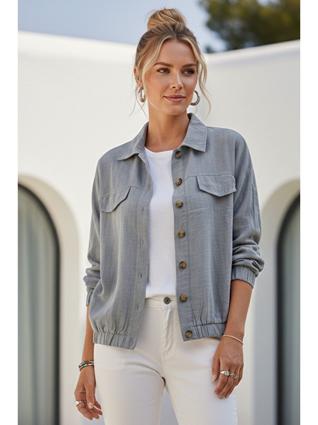 Gri Gömlek Yaka Manşetli Kollu Çift Kapaklı Cepli Casual Keten Görünümlü Dokuma Ceket 65 65-3