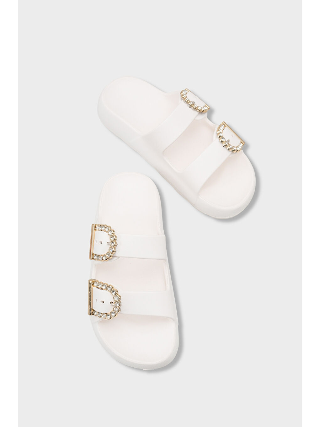 Beyaz Della Eva Çift Tokalı Kadın Terlik-5