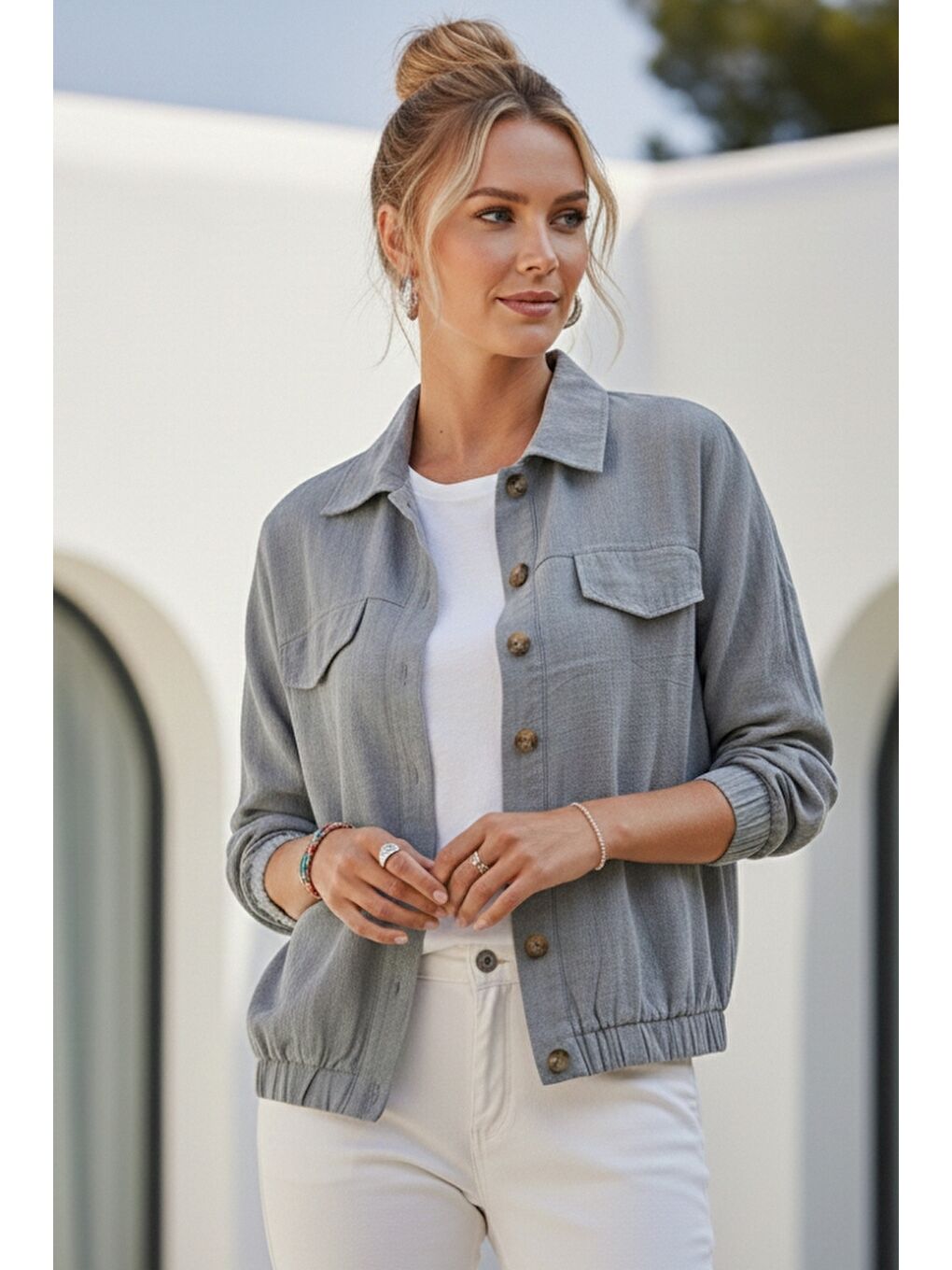 Gri Gömlek Yaka Manşetli Kollu Çift Kapaklı Cepli Casual Keten Görünümlü Dokuma Ceket 65 65-4