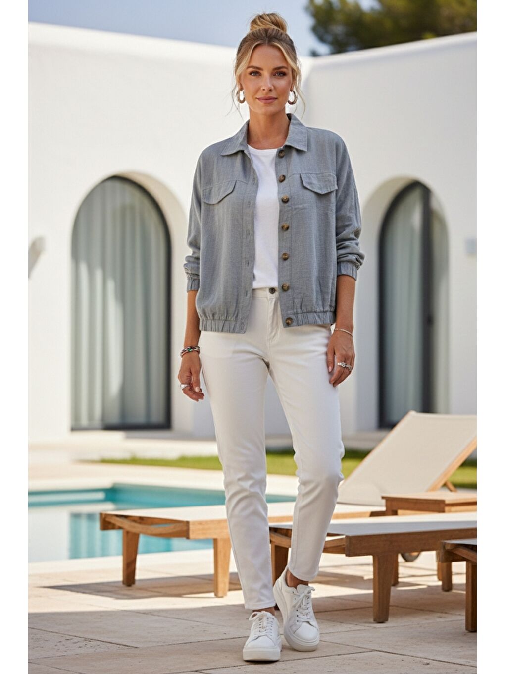 Gri Gömlek Yaka Manşetli Kollu Çift Kapaklı Cepli Casual Keten Görünümlü Dokuma Ceket 65 65-5