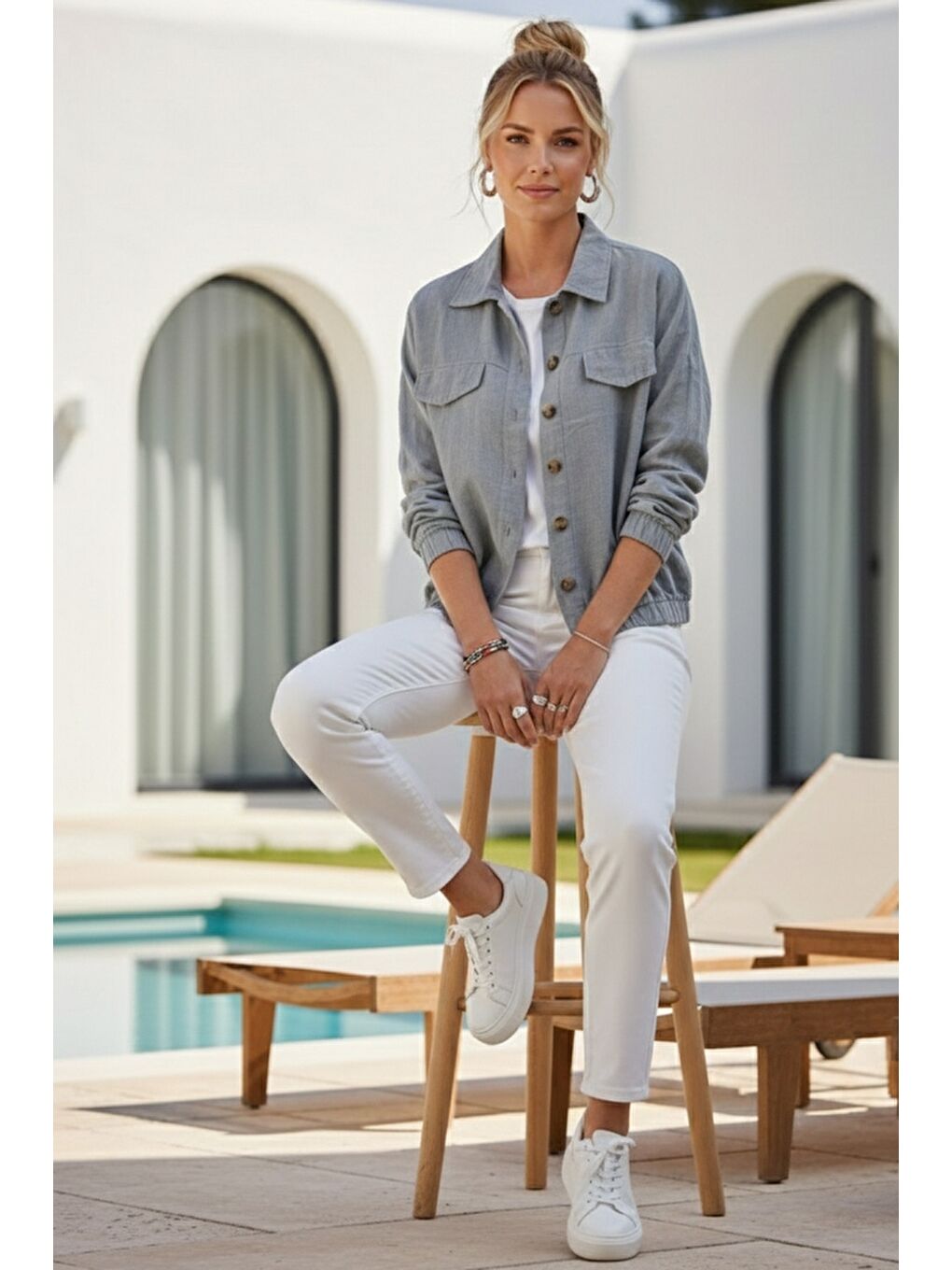 Gri Gömlek Yaka Manşetli Kollu Çift Kapaklı Cepli Casual Keten Görünümlü Dokuma Ceket 65 65-6