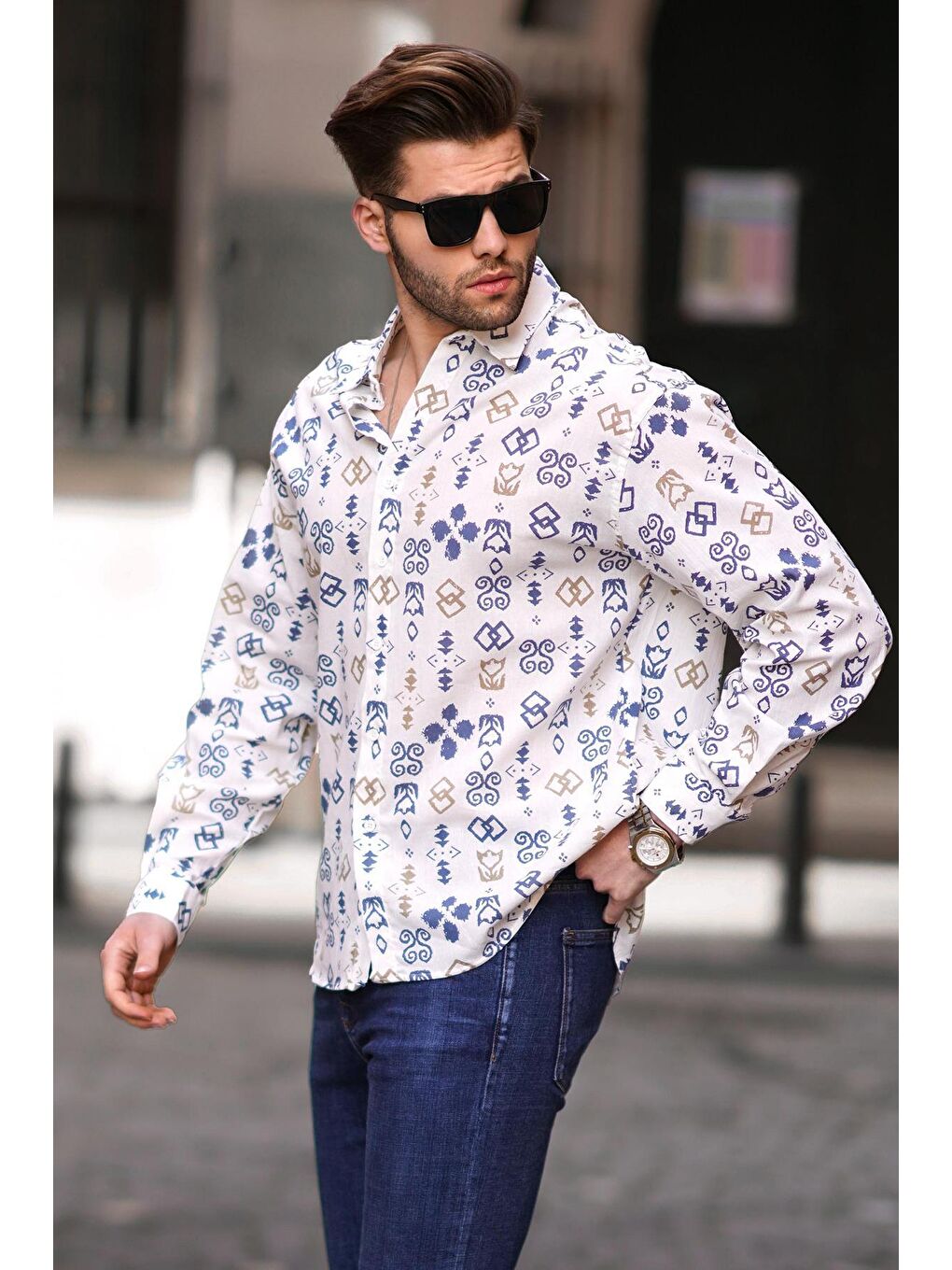 Lacivert Desenli Uzun Kollu Oversize Erkek Gömlek 6731-1