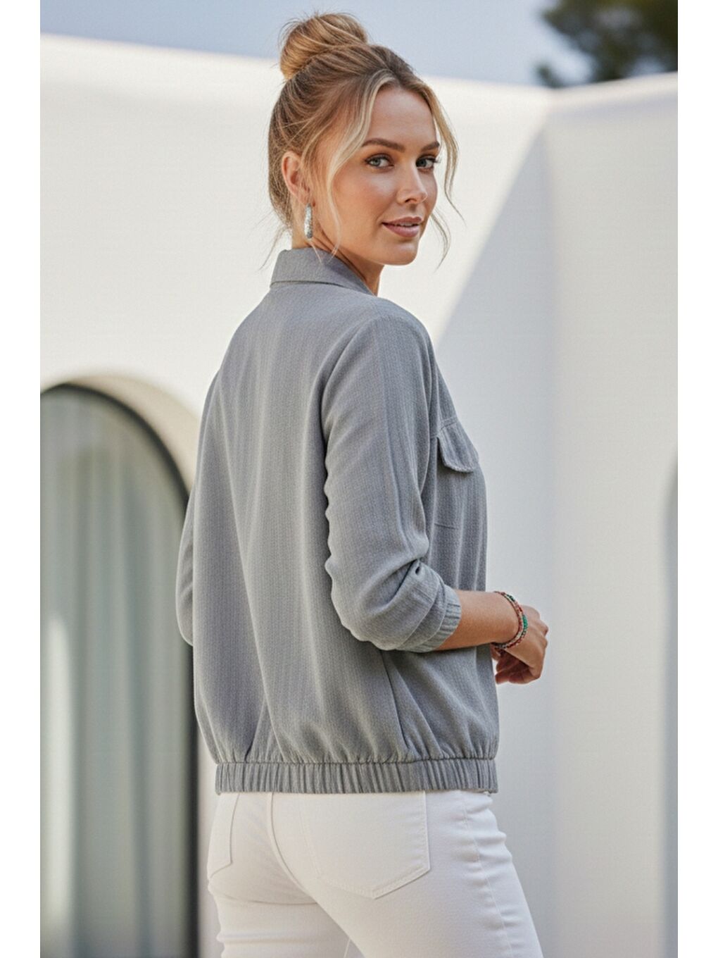 Gri Gömlek Yaka Manşetli Kollu Çift Kapaklı Cepli Casual Keten Görünümlü Dokuma Ceket 65 65-7