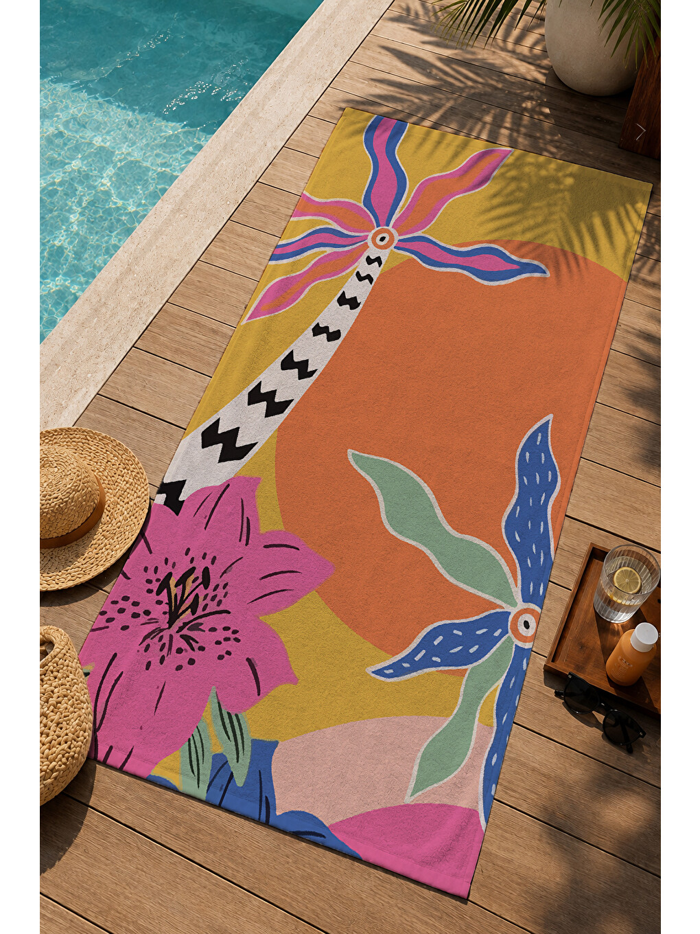 Turuncu Pembe Sarı Modern Tropikal Çiçek Ve Soyut 70x150 Cm Dijital Baskılı Plaj Ve Banyo Havlusu-2