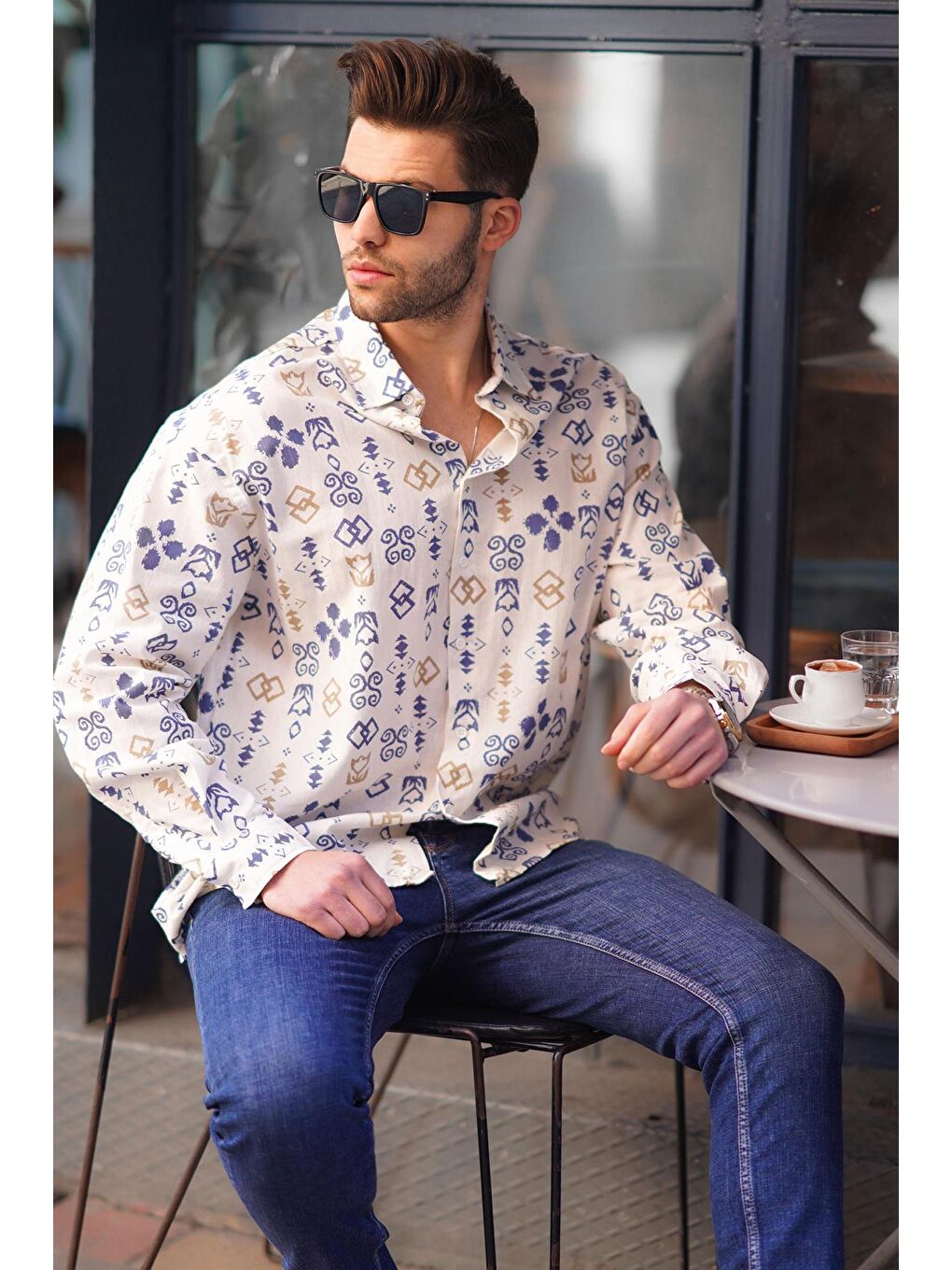 Lacivert Desenli Uzun Kollu Oversize Erkek Gömlek 6731