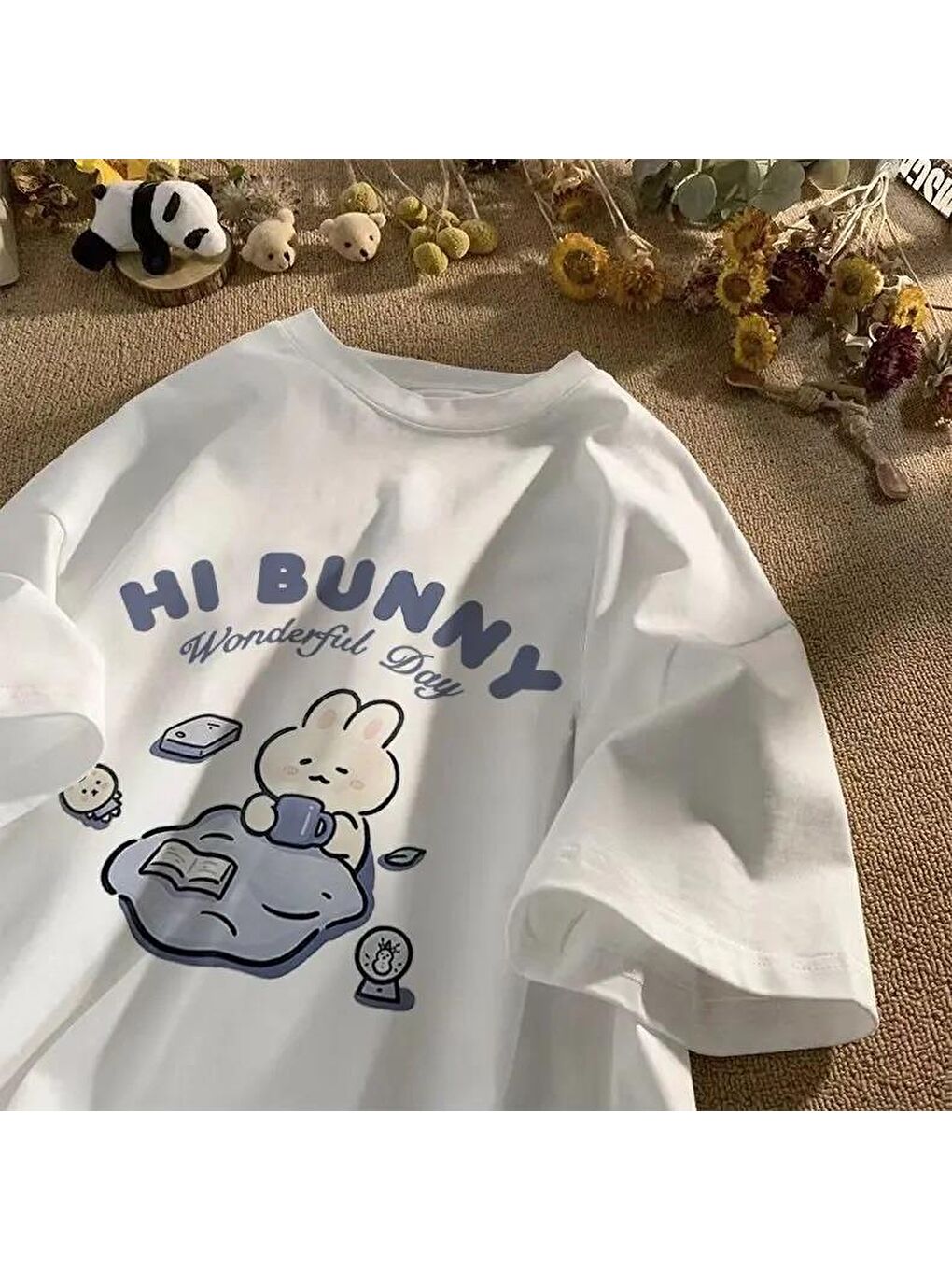 Touz Moda Beyaz Hi Bunny Baskılı Beyaz Unisex Oversize T-shirt