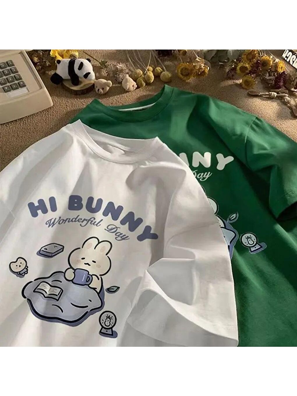 Touz Moda Beyaz Hi Bunny Baskılı Beyaz Unisex Oversize T-shirt - 1