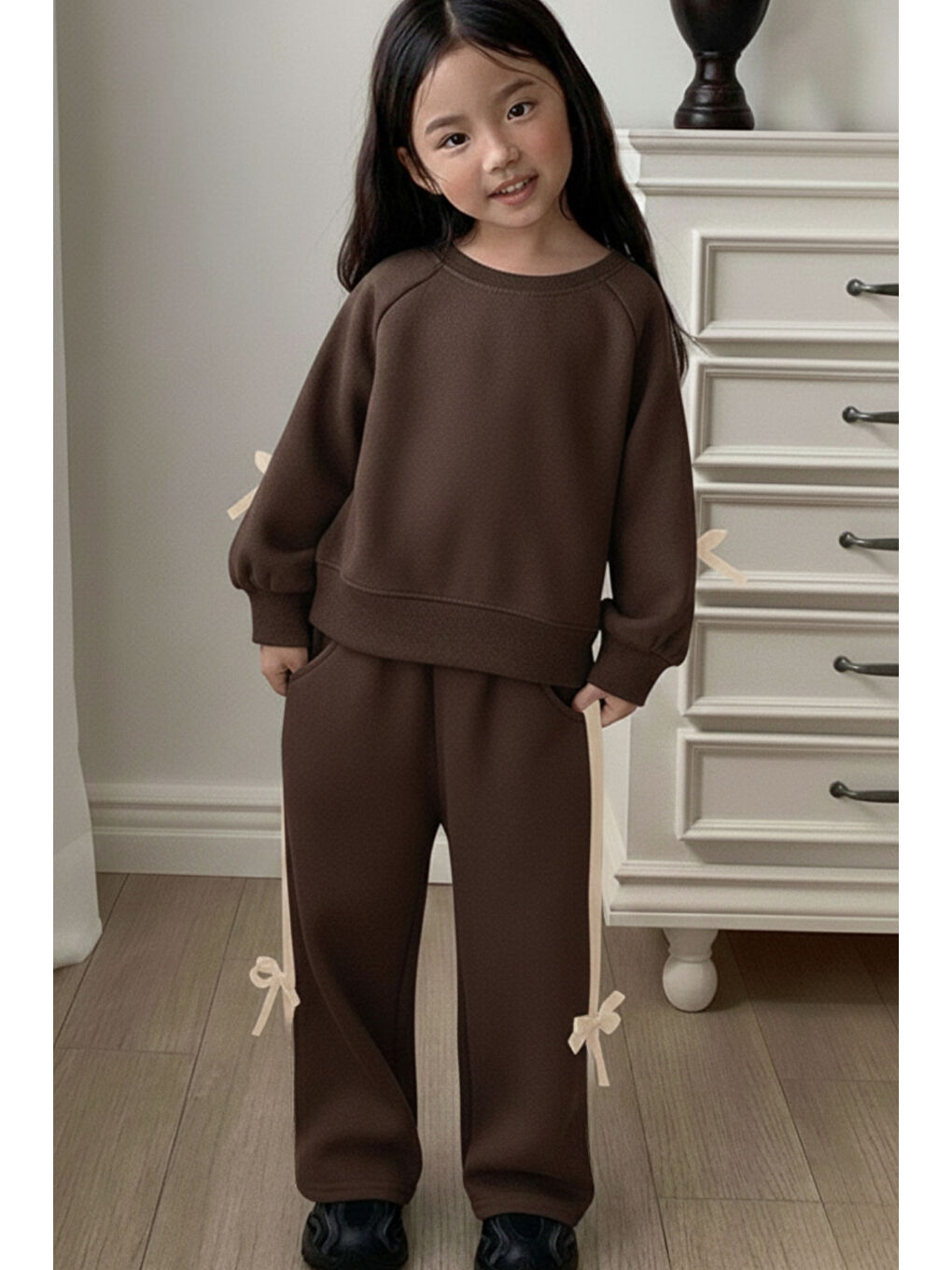 Kahverengi Kız Çocuk Çift Şerit Kurdele Üç İplik Eşofman Takımı 3-10 Yaş 12335