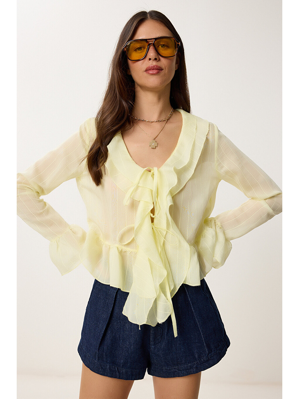 Sarı Volanlı Transparan Dokuma Bluz SARI LMX0089-1