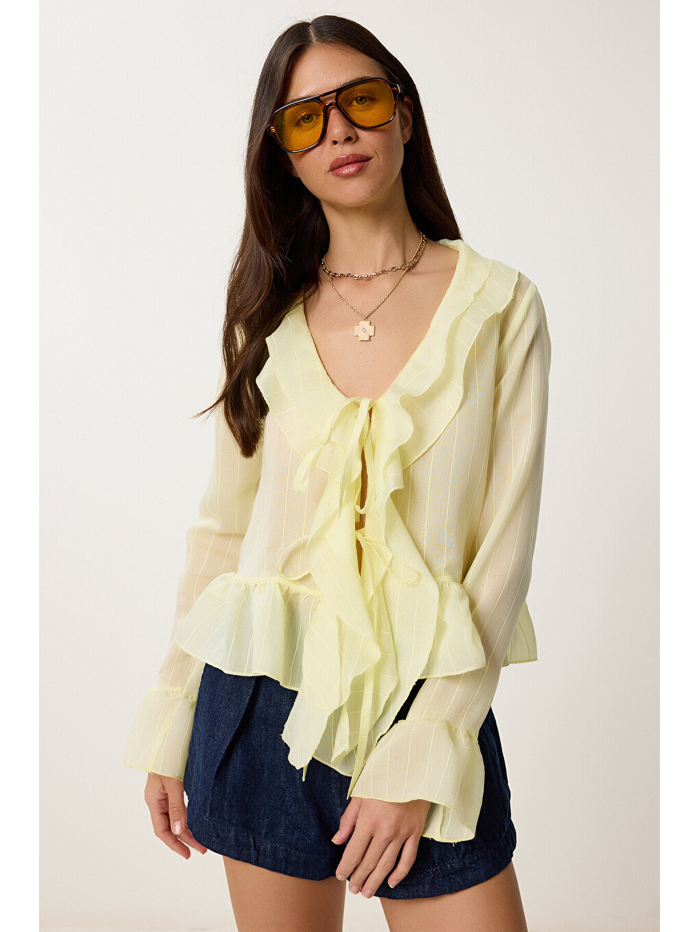 Sarı Volanlı Transparan Dokuma Bluz SARI LMX0089-2