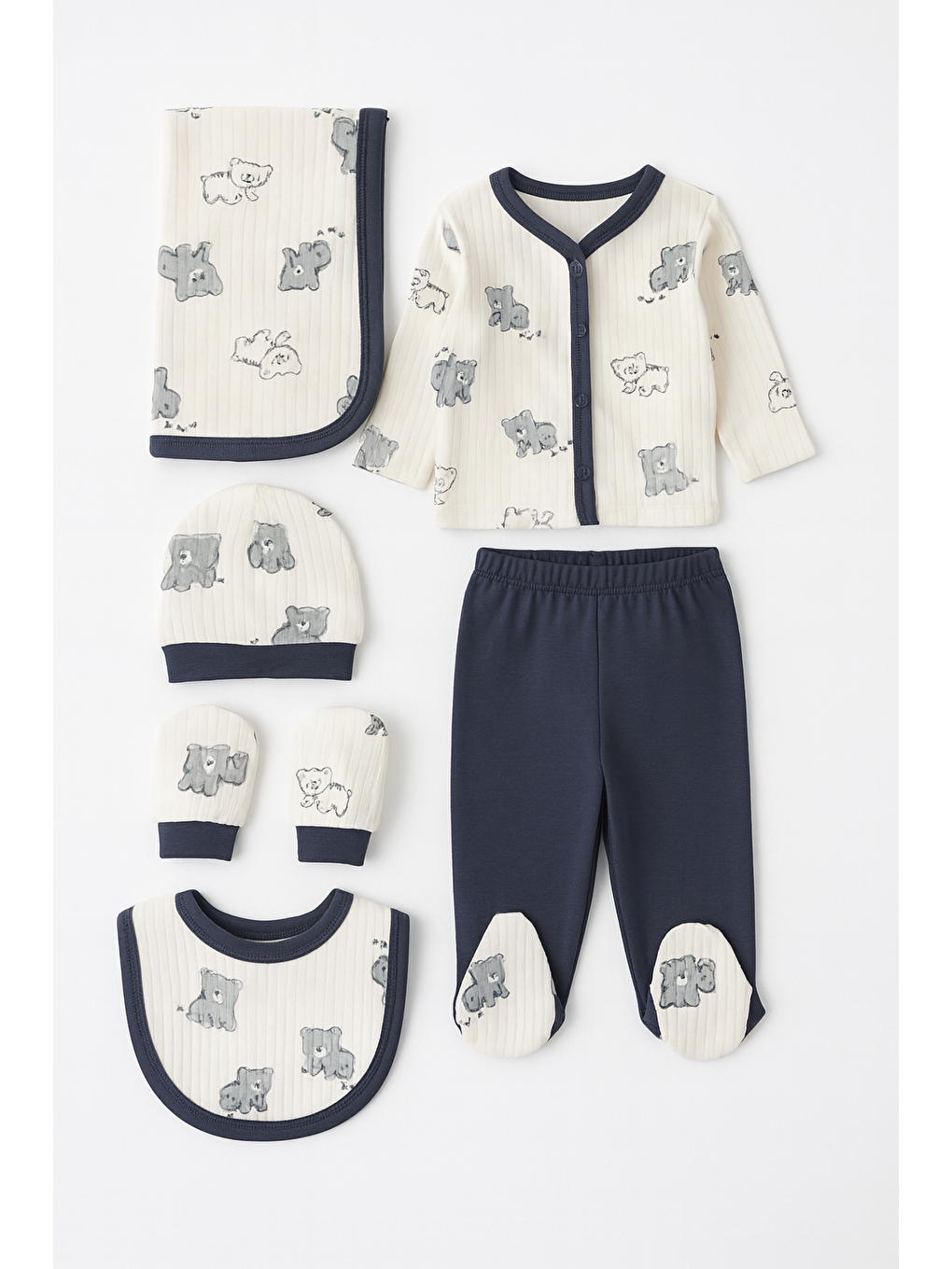 Gri Erkek Bebek Ayıcıklı Battaniyeli 6lı Hastane Çıkış Seti 90*90 Tek kat Battaniye Pamuk Lüx-2