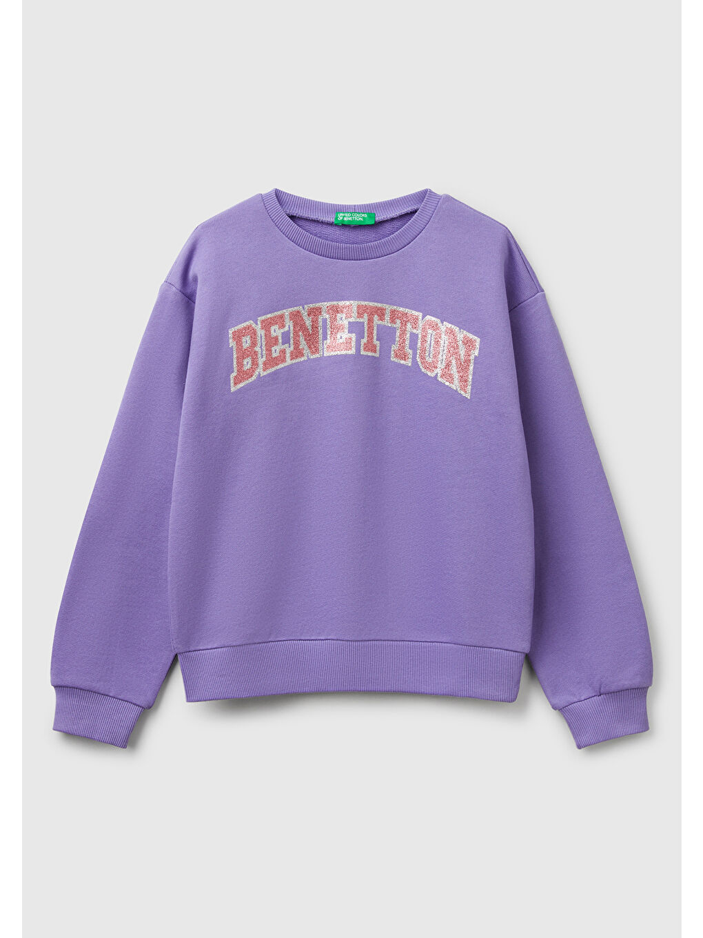 Kız Çocuk Mor Simli Benetton Logo Baskılı Bisiklet Yaka Sweatshirt