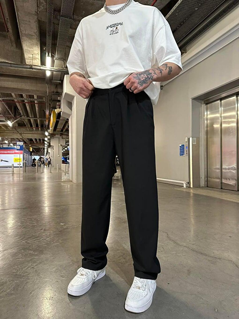 Siyah Pileli Klasik Baggy Erkek Pantolon-1