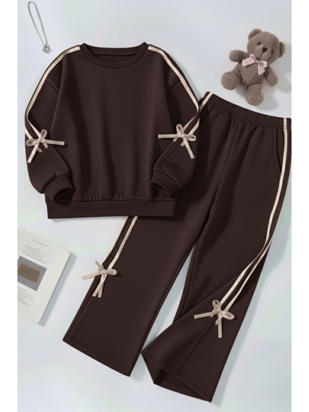 Kahverengi Kız Çocuk Çift Şerit Kurdele Üç İplik Eşofman Takımı 3-10 Yaş 12335-1