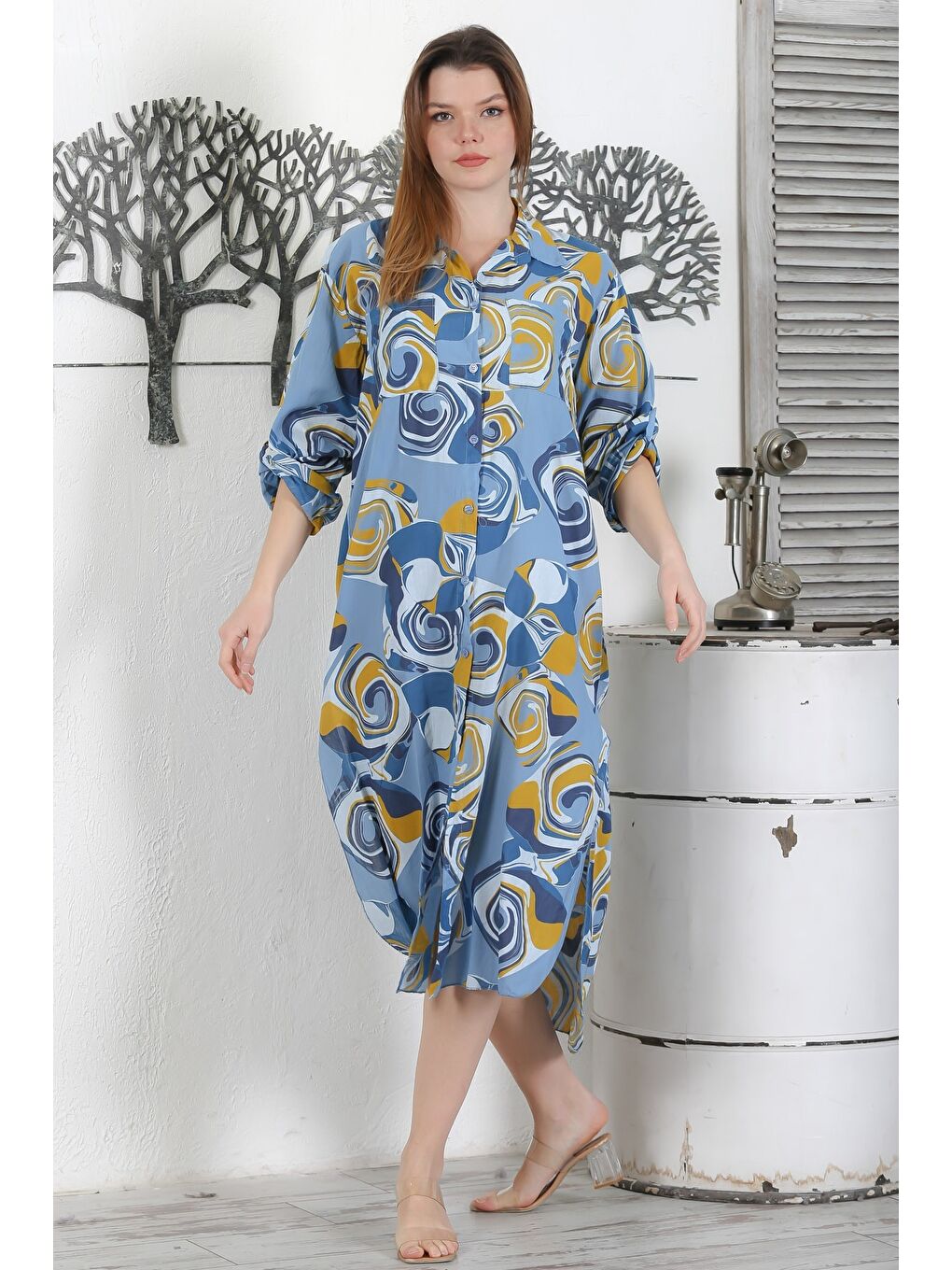 İtalyan Petrol Mavisi Düğmeli Uzun Kollu Geometrik Desenli Çift Cepli Dokuma Yazlık Elbise 130 65