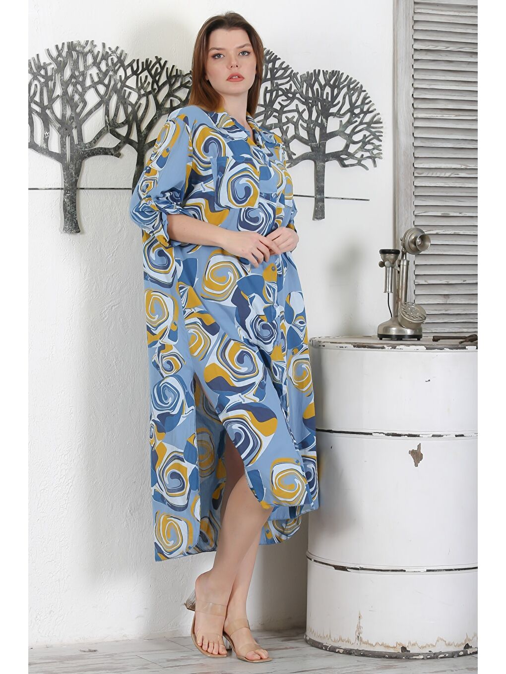 İtalyan Petrol Mavisi Düğmeli Uzun Kollu Geometrik Desenli Çift Cepli Dokuma Yazlık Elbise 130 65-1