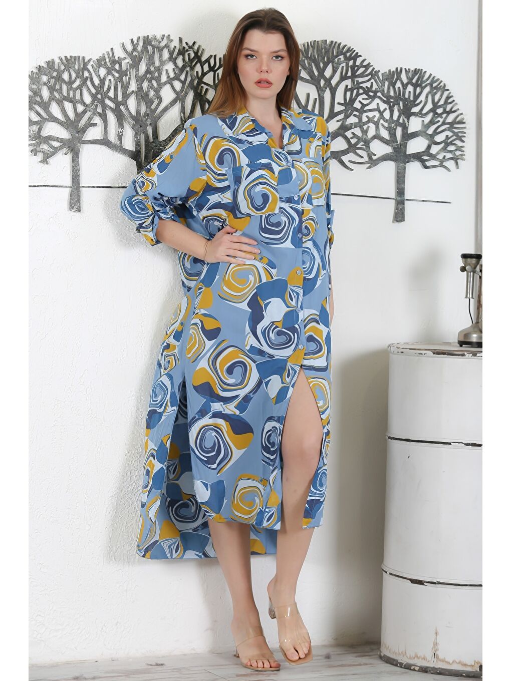 İtalyan Petrol Mavisi Düğmeli Uzun Kollu Geometrik Desenli Çift Cepli Dokuma Yazlık Elbise 130 65-2