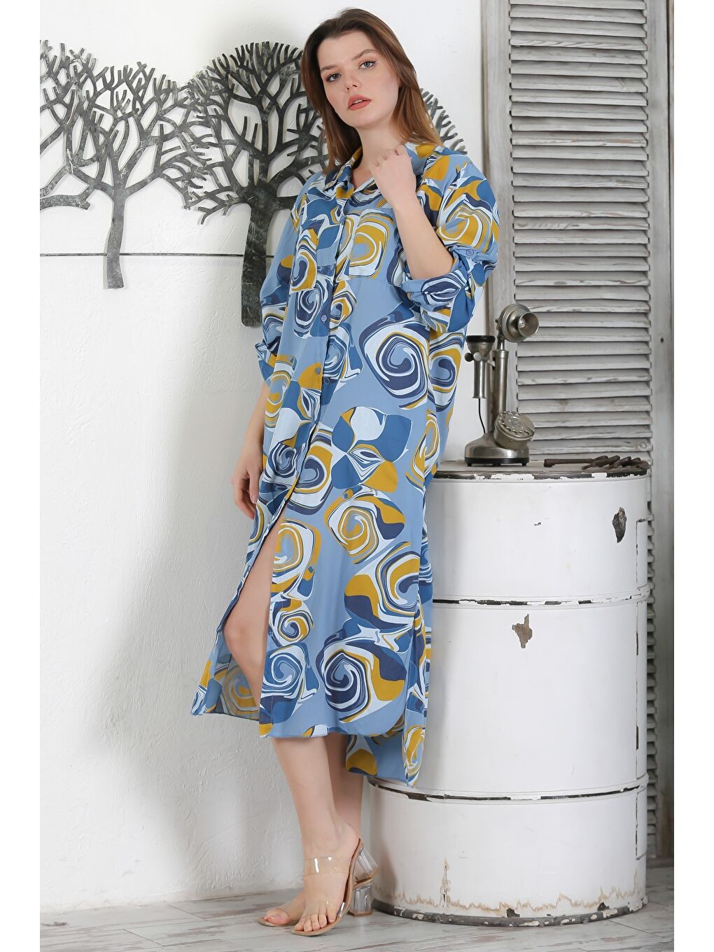 İtalyan Petrol Mavisi Düğmeli Uzun Kollu Geometrik Desenli Çift Cepli Dokuma Yazlık Elbise 130 65-4