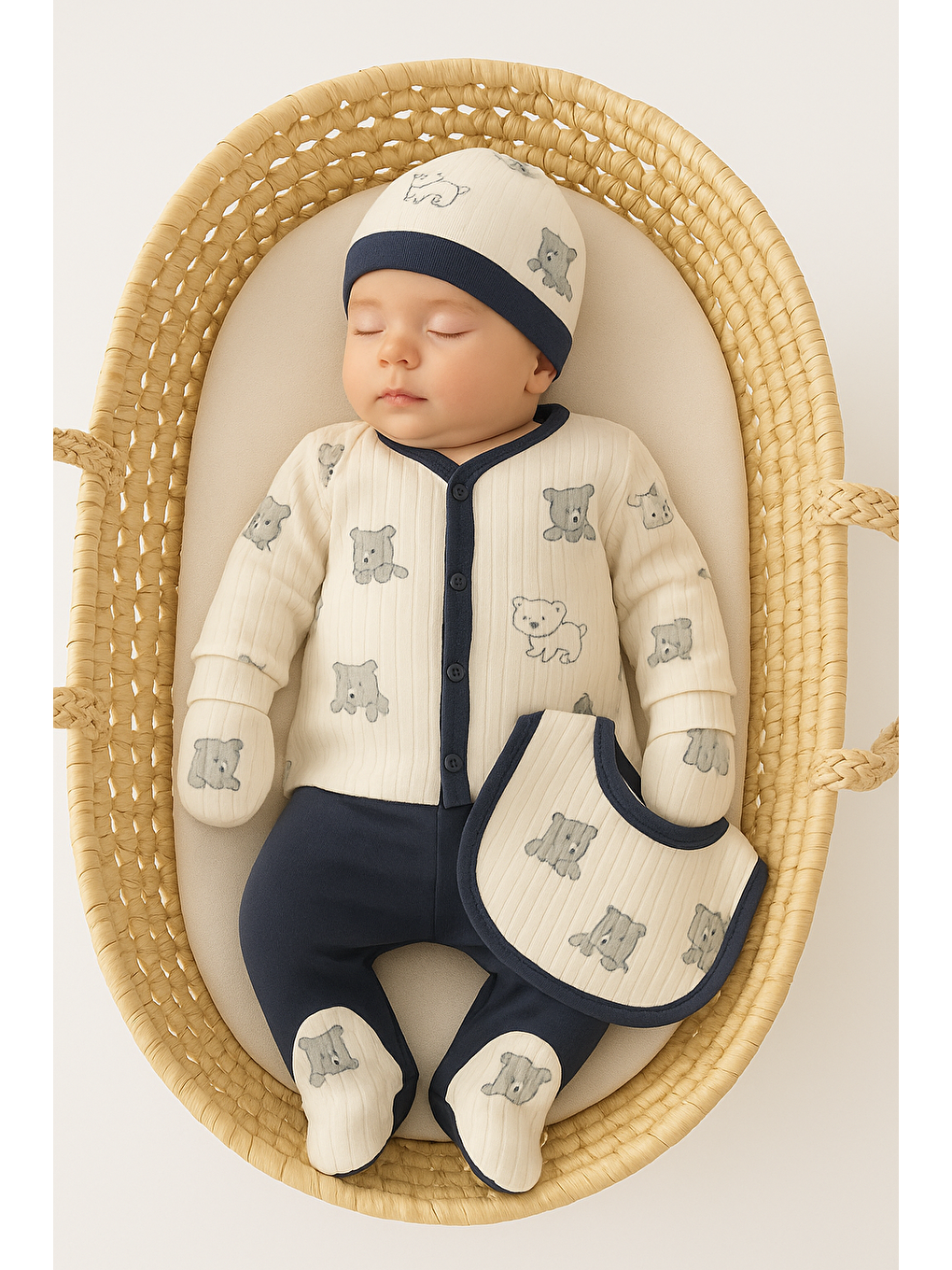 Gri Erkek Bebek Ayıcıklı Battaniyeli 6lı Hastane Çıkış Seti 90*90 Tek kat Battaniye Pamuk Lüx-1