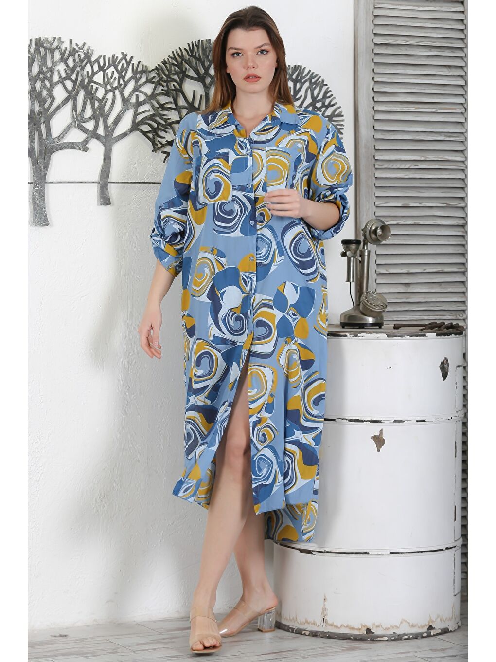 İtalyan Petrol Mavisi Düğmeli Uzun Kollu Geometrik Desenli Çift Cepli Dokuma Yazlık Elbise 130 65-5