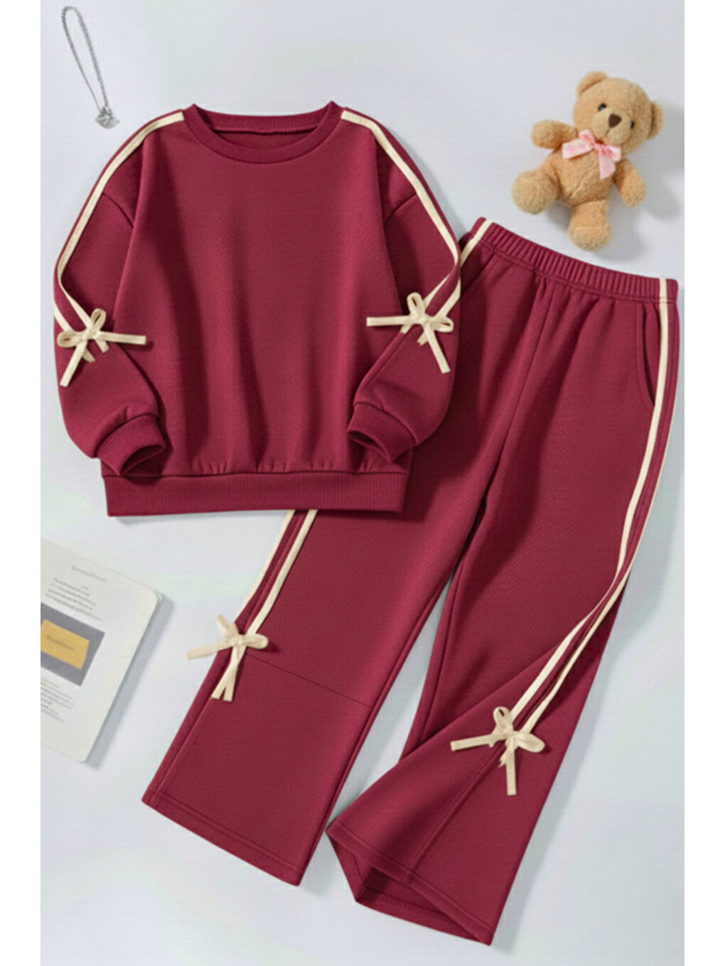 Bordo Kız Çocuk Çift Şerit Kurdele Üç İplik Eşofman Takımı 3-10 Yaş 12334-1