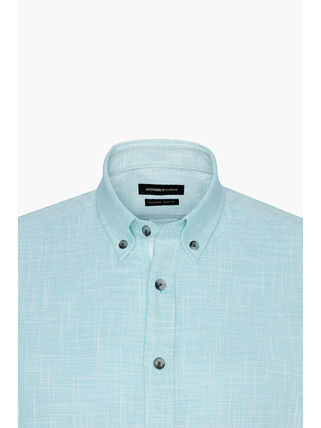 Erkek Turkuaz Slim Fit Dar Kesim Düğmeli Yaka Keten Görünümlü %100 Pamuk Flamlı Gömlek-10